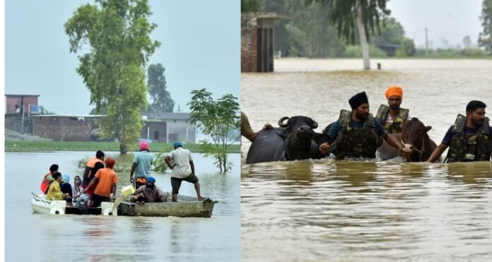बाढ़ क्षेत्र से लोग बाहर निकलते हुए